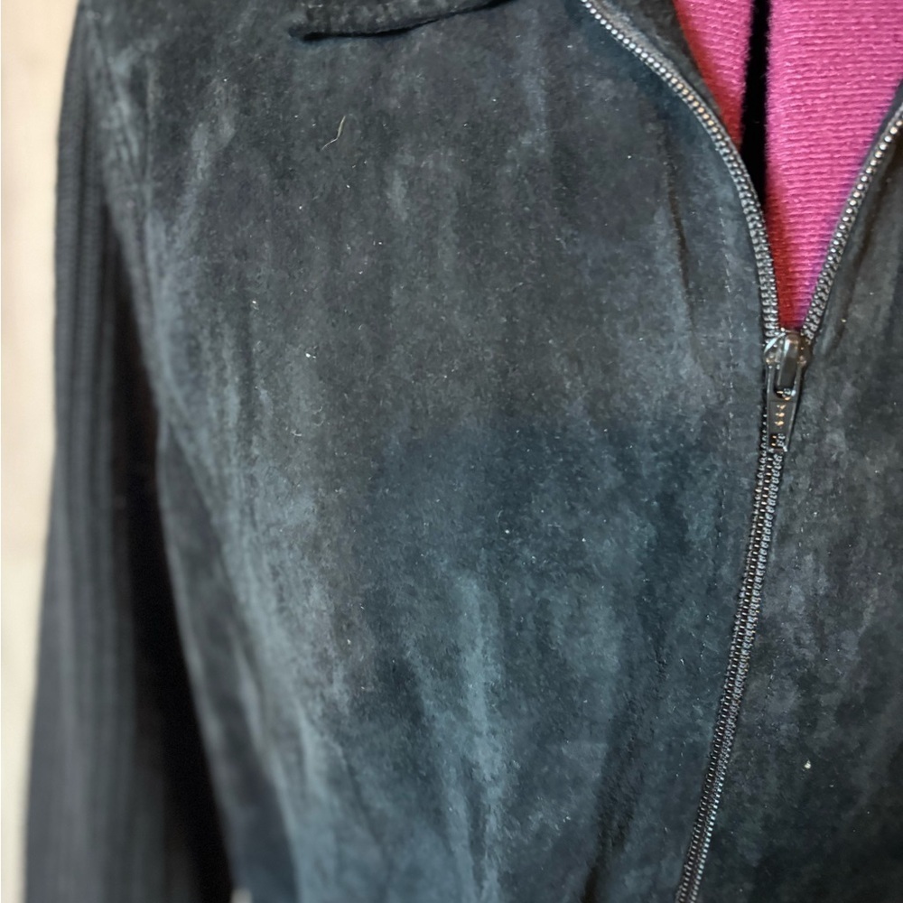 Clothes By Revue Elegant Black Suede Leather Coat Knit Sleeves with Belt Vintage - Picture 4 of 10
